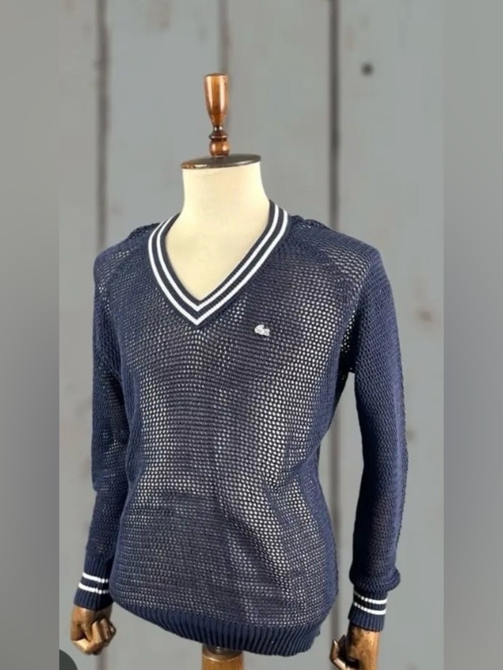 Lacoste Navy Open-Knit V-Neck Sweater with White Trim